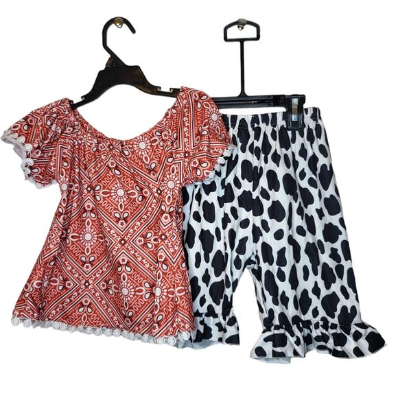 Girls Western Cow Print Bandana Pattern 2 pieces set sz 4/5 XL - Picture 1 of 4
